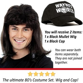 ALLAURA Compatible with Wayne’s World Wig and Hat – Black Mullet Wig with Wayne’s Cap for Men – 80s Rocker Costume, Heavy Metal Look, 1980s Party Outfit, Funny Halloween or Couples Costume Accessory