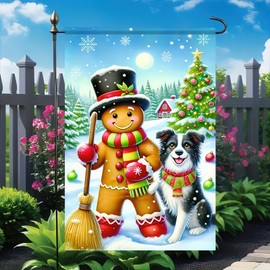 Merry Christmas Garden Flag 12x18 Double Sided Gingerbread Garden Flag with Cute Border Collie Christmas Decorations Banner Outdoor Flag for Decorative House Flag Gingerbread Man Decor Banner