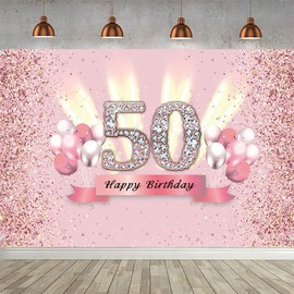 50th Birthday Decoration 50th Birthday Woman Decoration Banner 50th Birthday Rose Gold Party Decoration Women Fabric Sign Poster Ladies 50th Anniversary Party Background Glitter Pink