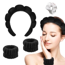 4 PCS Makeup Headband for Women - Soft Sponge Spa Headband and Wrist Washband Set/Skincare Headbands for Face Washing, Shower, Makeup Removal for Girls Women (Black)