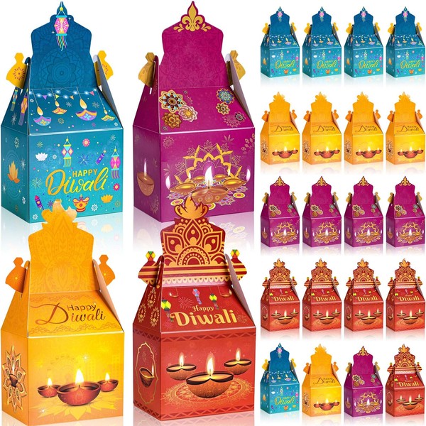 24Pack Happy Diwali Party Favor Boxes Rangoli Lantern Diya Pattern