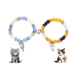 Fuqimanman2020 2 Pcs Cat Bracelet Cute Cat Kawaii Kitten Bead Bracelet Couple Matching Animal Charm Bracelets BFF Friendship Bracelet-grey mix