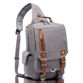 KAUKKO Canvas Leather Outdoor Sling Bag Cross Body Messenger Bag Shoulder Backpack Daypack Grey