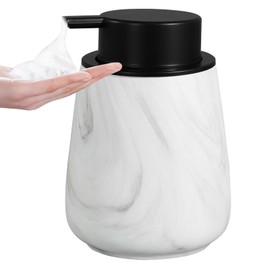 12Oz Foaming Hand Soap Dispenser - Ceramic Bathroom Foam Soap Dispenser with Easy-to-Press Black Pump, Refillable Lotion Hand Dispenser, Dish Soap Dispensers for Kitchen, Marble White