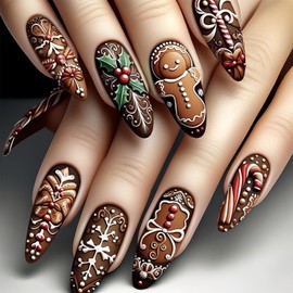LBPEPAMZ Christmas Press on Nails Medium Almond Fake Nails with Gingerbread Man Designs Colorful Crutch Xmas Snowflake False Nails Brown Full Cover Acrylic Nails Stick on Nails for Women Girls 24Pcs