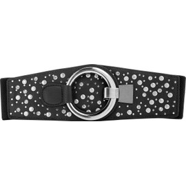 BlackButterfly Wide Elastic Stretchy Metal Fogging Diamante Hook Buckle Belt, black
