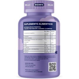 MIGOMITA RELAX 60 Gomitas para dormir Ideal para niños y adultos Sin melatonina Gomitas que promueven el sueño Ingredientes 100% naturales: magnesio, pasiflora, lteanina y gaba Suplemento para un sueño profundo.