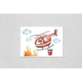 Poster Reproduction of Watercolor cartoon cute composition Firefighting and fire safety equipment illustration. Fire helicopter, dog, helmet, hose, column, fire extinguisher. Baby shower red
