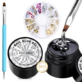 Modelones - Pegamento para uñas (2 unidades, 2 unidades de pegamento de diamantes de imitación (2 x 5 ml) con cepillo de doble uso, gemas de diamante 