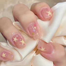 False Nails - 24Pcs Short Press on Nails - French Cute Fake Nails - Stick on Nails with Star Pattern - Fake Nails with Glue - Glossy Full Cover Acrylic Nails for Women Girls