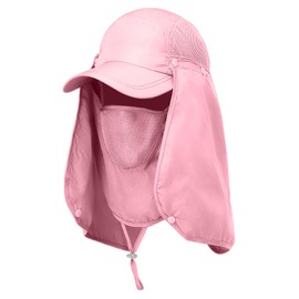 Sun Cap Fishing Hat Unisex Adult 360% UV UPF 50+ Solar Protection, Lightweight Outdoor Summer Wide Brim Visor with Detachable Neck Flap & Face Cover Mask, Quick Dry, Windproof, for Beach, Light Pink
