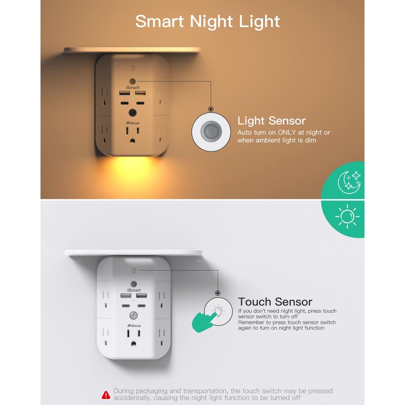 Wall Outlet Extender with Shelf and Night Light, Surge Protector,