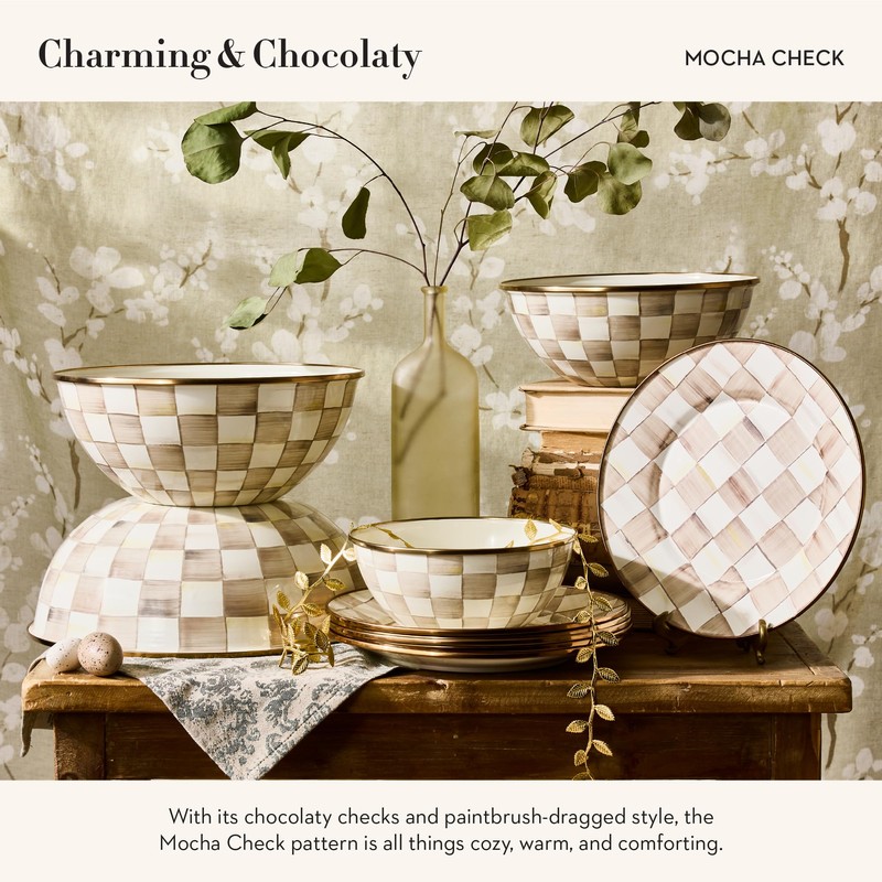 MACKENZIE-CHILDS Enamel Everyday Bowl, Serving Bowl for Entertaining, Medium, Brown-and-White
