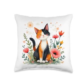Smiling Calico Cat Cute Floral Kitten Cartoon Kitty Outdoors Throw Pillow