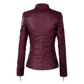 Lock and Love LL WJC877 Womens Panelled Faux Leather Moto Jacket L Wine