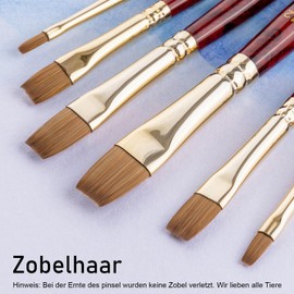 COOZEE 6 Piece Flat Brush Set, Watercolour Brush with Sable Hair, Different Tip Sizes, Wooden Handle, Ideal Artist Brush for Watercolour Painting