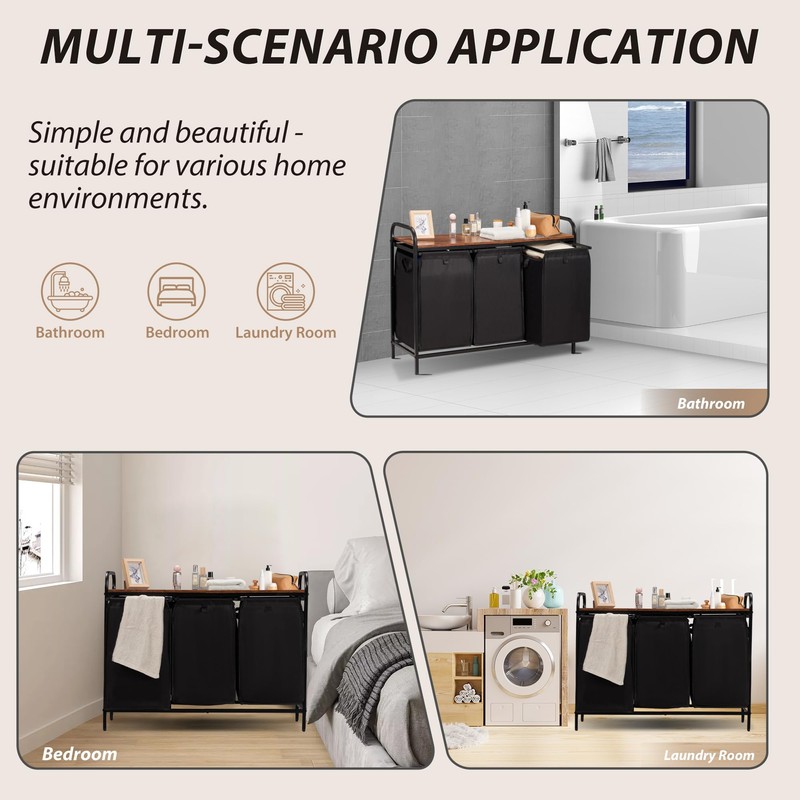Azaeahom 3 Section Laundry Hamper with Shelf, Laundry Basket Organizer