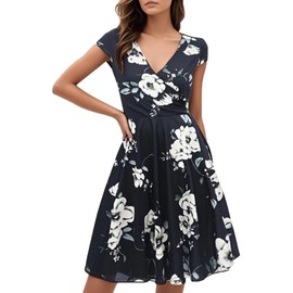 oxiuly Vintage Women Sumnmer Black Dresses 2025 Trendy Elegant Midi Formal Ladies Chic V-Neck Party Church Tea Dresses OX233 Khaki Flower XL