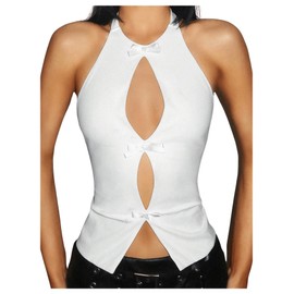 MakeMeChic Women's Cut Out Bow Knot Tank Top Halter Split Hem Sleeveless Summer Shirt White Small