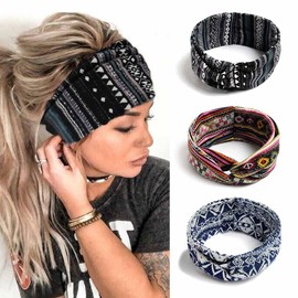 Zoeatr Boho Criss Cross Headbands Blue Yoga Head Scarfs Stylish Elastic Head Wraps Fashion Hair Accessories for Women and Girls(Pack of 3)
