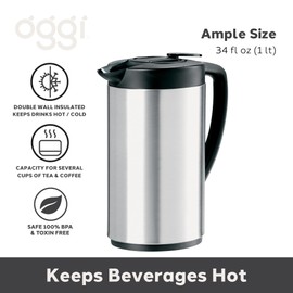 OGGI Oval Carafe Glass Liner - Stainless Steel Body, 1 Liter / 34oz Capacity - Ideal Glass Vacuum Coffee Carafe and Tea Thermos, Press Button for Easy Pouring - Stainless