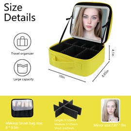 SUILU Travel Makeup Bag with LED Mirror and Light Travel Makeup Case Cosmetic Organizer Portable Cosmetic Brush Organizer Bag with Adjustable Dividers for Cosmetics Makeup Brushes Toiletry (Yellow)
