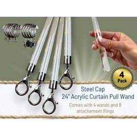 OooWow 24 inch (4 Pack) Steel Cap Round Base Acrylic Curtain Pull Wand - Clear Curtain Wand - Invisible Drapery Wand - Drapery Pull Rod (24 Inch)