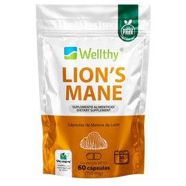 Wellthy Lion’s Mane 60 Cápsulas. Hongo Melena de Leon 650mg c/u, 1300mg por Porción, 30 días de Consumo, VCaps Cápsulas Veganas, Bottle Free.