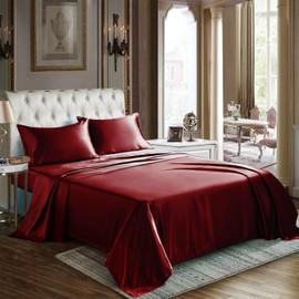 CozyLux Satin Sheets King Size - 4 Piece Burgundy Bed Sheet Set with Silky Microfiber, 1 Deep Pocket Fitted Sheet, 1 Flat Sheet, and 2 Pillowcases - Smooth and Soft