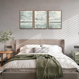 CHDITB Watercolor Sky Cloud Framed Canvas Wall Art Set, Vintage Cloudy Wall Decor, Neutral Minimal Wall Painting, Blue Gray Ocean Sky Art Prints for Living Room, Bedroom, Office Large Size 16"x24"x3