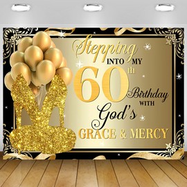60th Birthday Backdrop Banner Black Gold BalloonsBirthday Photography Background for Adult Womene Squins High Heels 60th Happy Birthday Backdrop for Photo Studio 5.9×3.6 Ft
