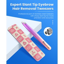 Expert Slant Tip Tweezers with Leather Travel Case, GlamTweeler Sharp & Precision Stainless Steel Tweezer for Eyebrows, Facial Hair and Fine Hairs Removal (Sparkle Violet & Peach)