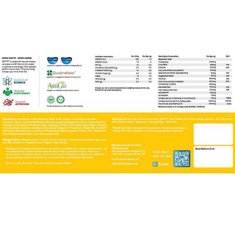 HR Labs WATTR™ Electrolyte Loaded Hydration Powder with Energising B