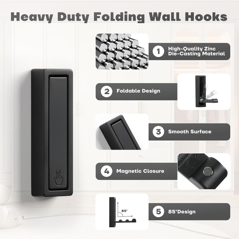 Techchii Foldable Wall Hooks, Pack of 2 Clothes Hooks, Foldable
