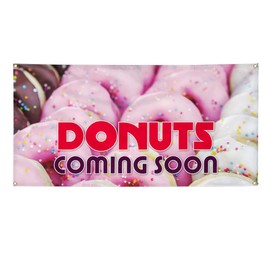 Vinyl Banner Multiple Sizes Donut Coming Soon Advertising Printing Food & Beverage Doughnuts Outdoor Weatherproof Industrial Yard Signs White 6 Grommets 36x72Inches