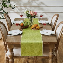 Green Table Runner in Country House Style, Rustic Linen Coffee Table Decoration Runner for Christmas, Wedding, Holidays, Parties and Dining Room Decoration, 30 x 140 cm, Washable