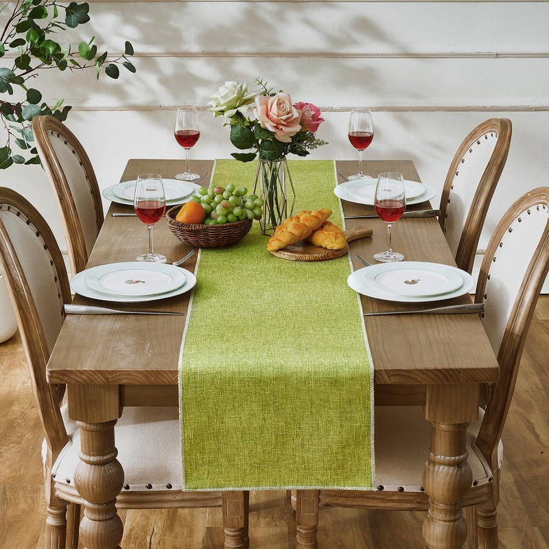 Green Table Runner in Country House Style, Rustic Linen Coffee