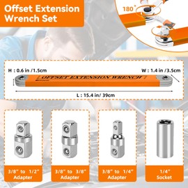 Offset Extension Wrench, 15-Inch Offset Impact-Ready Socket Wrench Tool with 1/2", 1/4" and 3/8" Square Drive Adapters, Zero Degree Ratchet Tool for Car, Orange