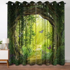 dueeia Enchanted Forest Blackout Curtains Patterned Tree Scenic Nature Green Spring Woodland Grommet Window Drapes for Bedroom Living Room Black Out 84 Inch Length 2 Panels Set, 96 in X 52 in