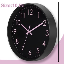 Epy Huts Modern Black Wall Clock with Pink Numbers – 10 Inch Silent Non-Ticking Quartz Clock for Living Room, Kitchen, Bedroom, Office Decor – Easy to Read, Battery Operated