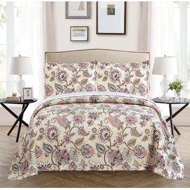 All American Collection 3 Piece New Printed Modern Bedspread Coverlet, Floral, Cal King, Beige