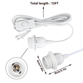 Hanging Lantern Extension Cord Cable,15ft Plug in E26/E27 Pendant Light, Extension Hanging Lantern Cord Cable with in-Line On/Off Switch,for DIY Pendant Light Fixture Hanging Lantern Cable,White
