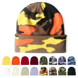 AGLIFEFY Winter Beanie Acrylic Knit Cuffed Plain Hats Skull Cap Warm Beanies for Men Women, Camo Orange, One Size