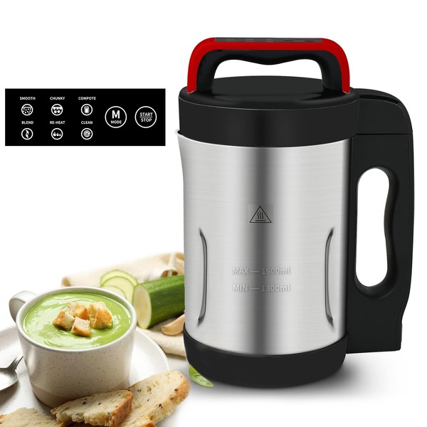 Potlimepan Soup Maker 1.6 L, 8 in 1 Multi-Function Soup and Smoothie Maker with Led Control Panel, Stainless Steel Hot Soup Maker Electric, Makes 2-5 Servings Smart Living for Home Commercial Use Red
