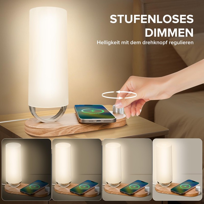 VOSFEEL Bedside Lamp with Charging Function, Stepless Dimming LED Night