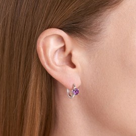 MORGAN & PAIGE Rhodium-Plated Sterling Silver Genuine Amethyst Huggie Hoop Earrings - Hypoallergenic and Nickel-Free for Sensitive Skin, February Birthstone Jewelry, with Elegant Gift Box