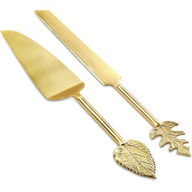 Folkulture - Juego de cuchillos y servidores para tartas de boda, juego de corte de pasteles de acero inoxidable o juego de servir para tartas, juego de postre grande de 2 piezas, hoja dorada