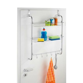 Avilia Door Organizer for Kitchen and Bathroom - Utensil and Bottle Organizer with 2 Baskets and 6 Hooks, Made of PVC, 59 x 78.5 x 16.5 cm, Chrome Finish