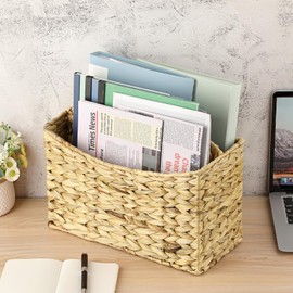 BTSKY Woven Magazine Holder, 2-Section Water Hyacinth Magazine Basket, Natural Storage Basket Bin for Books & Files, Bathroom Magazine Rack with Built-in-Handle for Home, Office & Desk