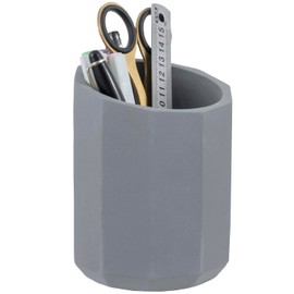 MyGift 3.5 Inch Round Modern Geometric Gray Concrete Pen Holder with Angled Top, Faceted Pencil Cup Office Desk Organizer, Vanity Table Makeup Brush Storage
